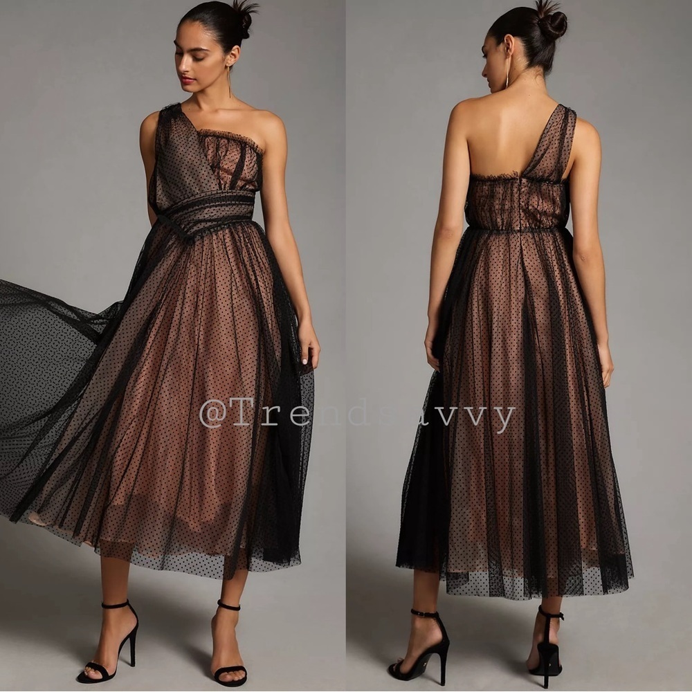 Anthropologie Tulle Polka Dot One Shoulder Maxi Dress Black Size 6 NWT